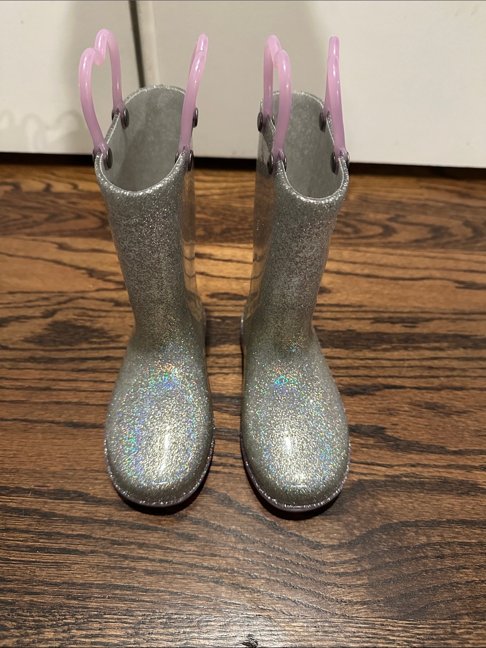 Western Chief Glitter Lighted Rain Boots with Pink Heart Pull Tabs -Size 9T